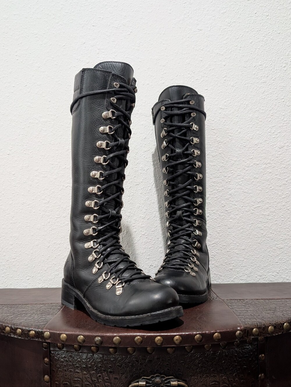 VTG Frye Rogan Tall Black Leather Combat Lace-Up Side-Zip Boots Size 7.5 - Picture 10 of 16